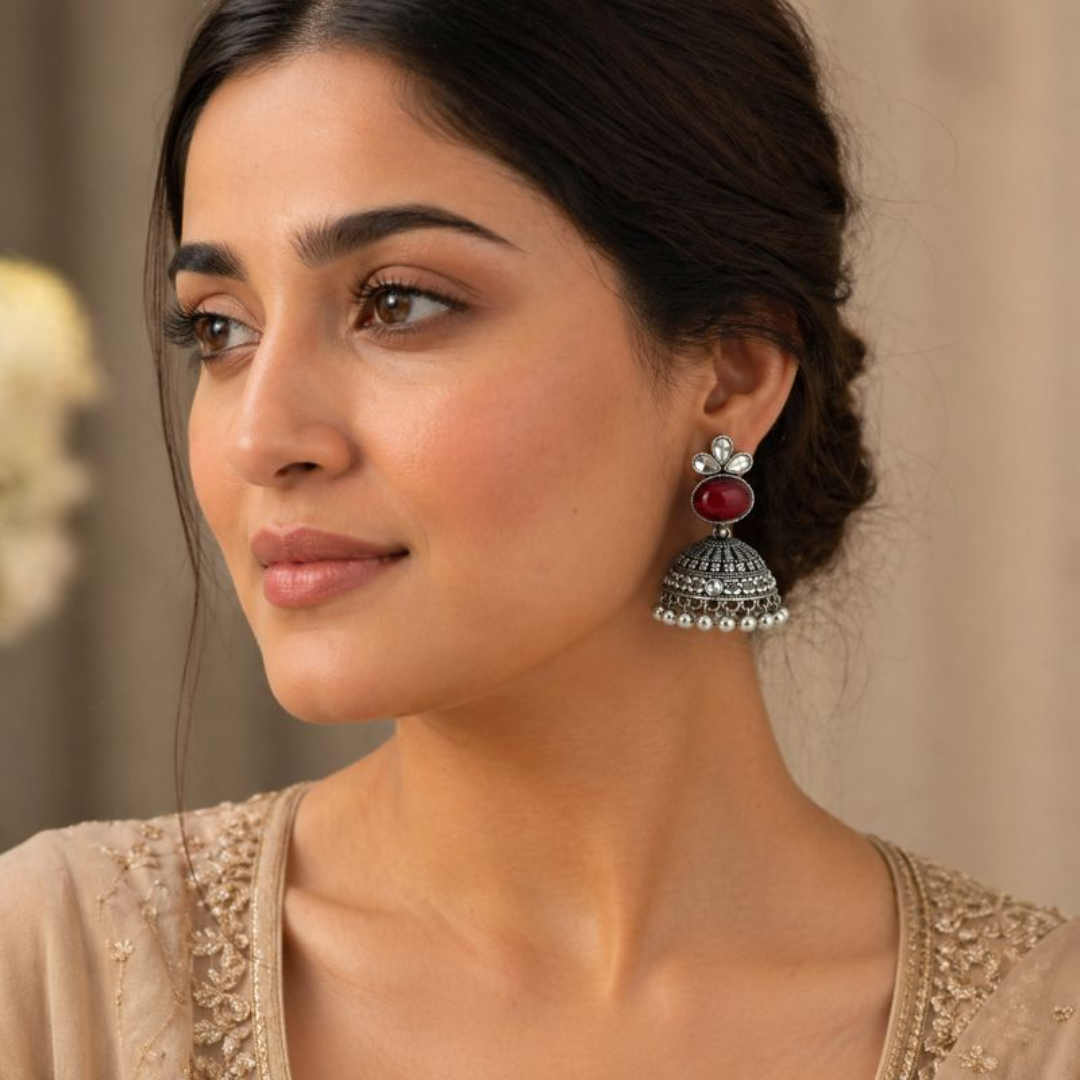 Oxidized Red Stone Fancy Jhumka Earrings for Women | Antique Silver Ethnic Jhumki