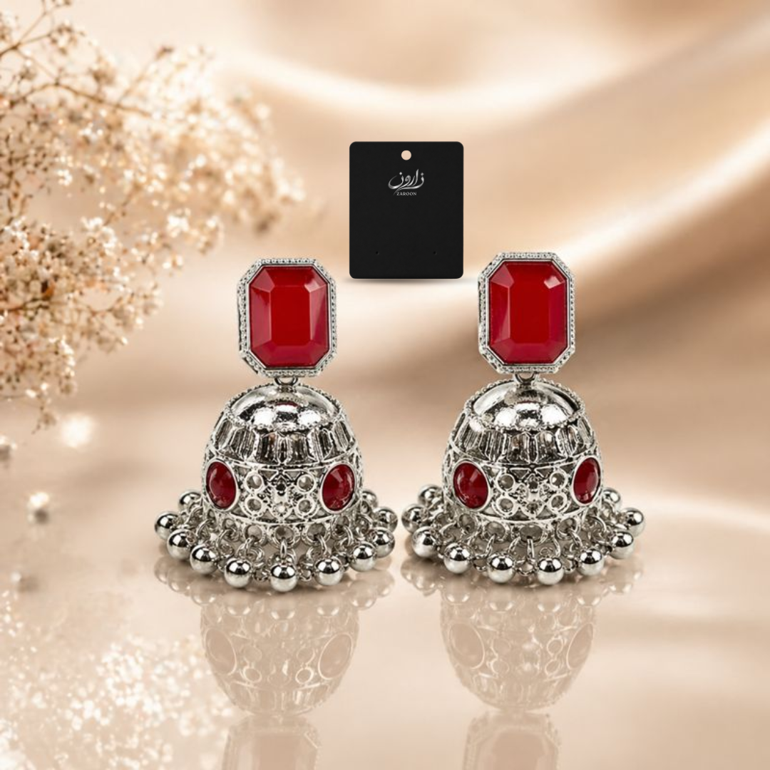 Oxidized Red Stone Modern Jhumka Earrings for Women | Antique Silver Ethnic Drop Earrings