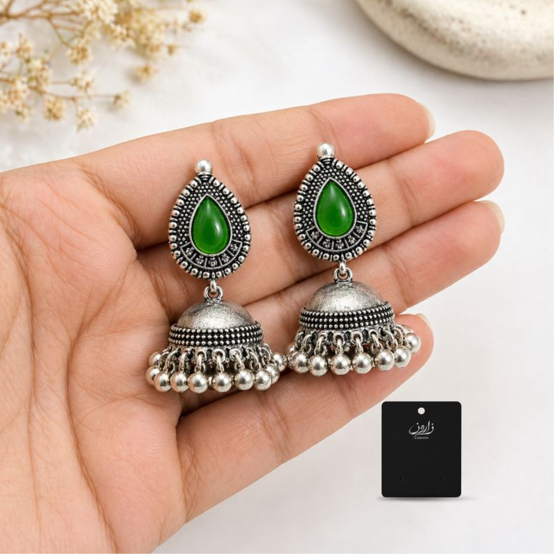 Oxidized Green Stone Jhumka Earrings for Women | Antique Silver Ethnic Jhumki