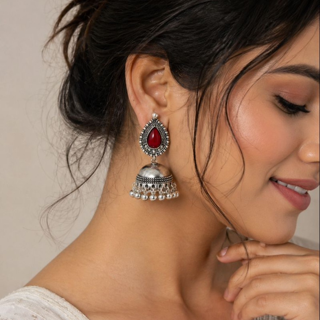 Oxidized Red Stone Jhumka Earrings for Women | Antique Silver Ethnic Jhumki