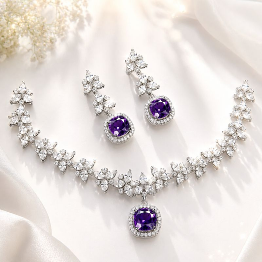 Luxury American Diamond 1 Carat Purple Stone Necklace Set for Women