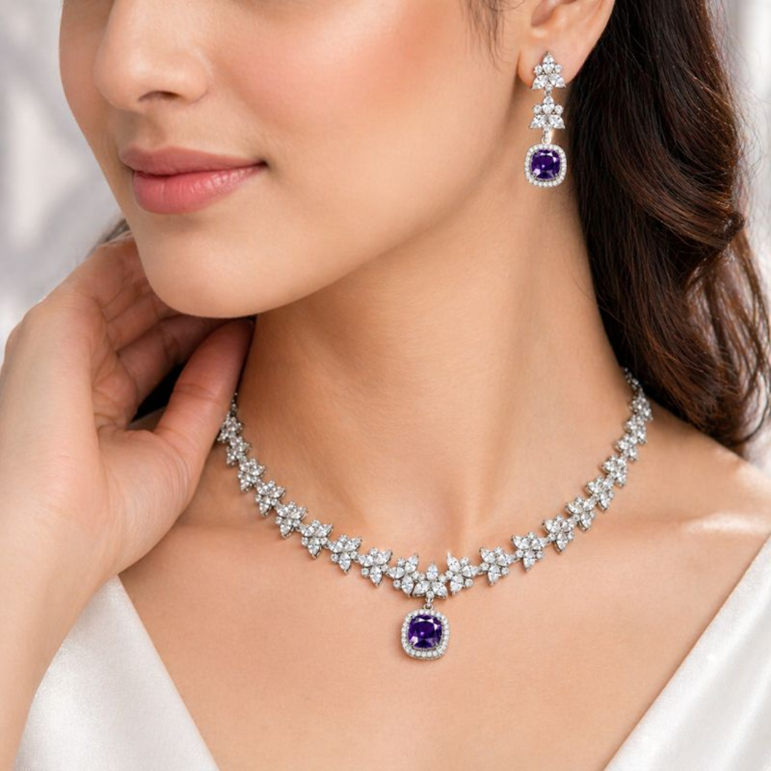 Luxury American Diamond 1 Carat Purple Stone Necklace Set for Women