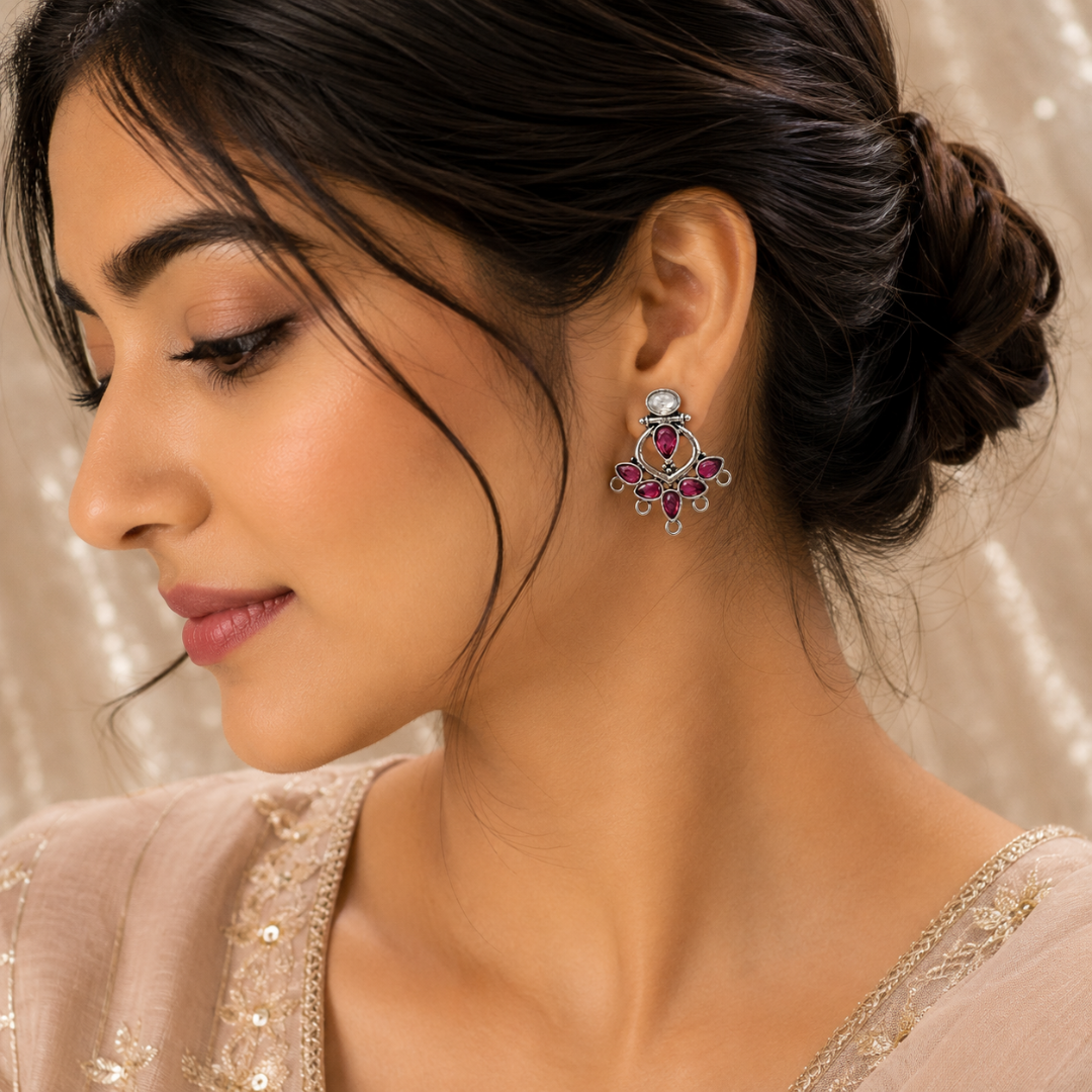Antique Silver Ruby Stone Ethnic Earrings