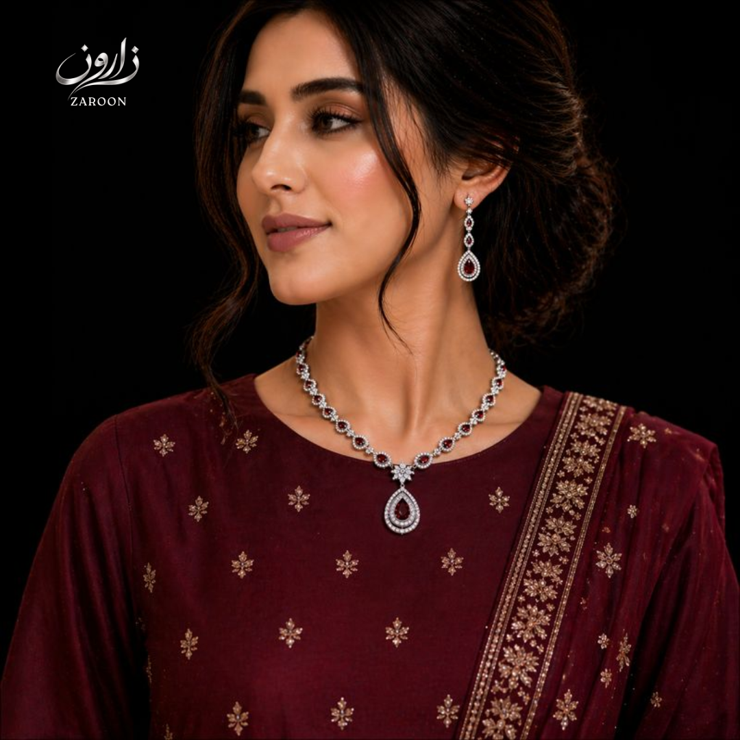 Luxury American Diamond 1 Carat Red Stone Necklace Set for Women