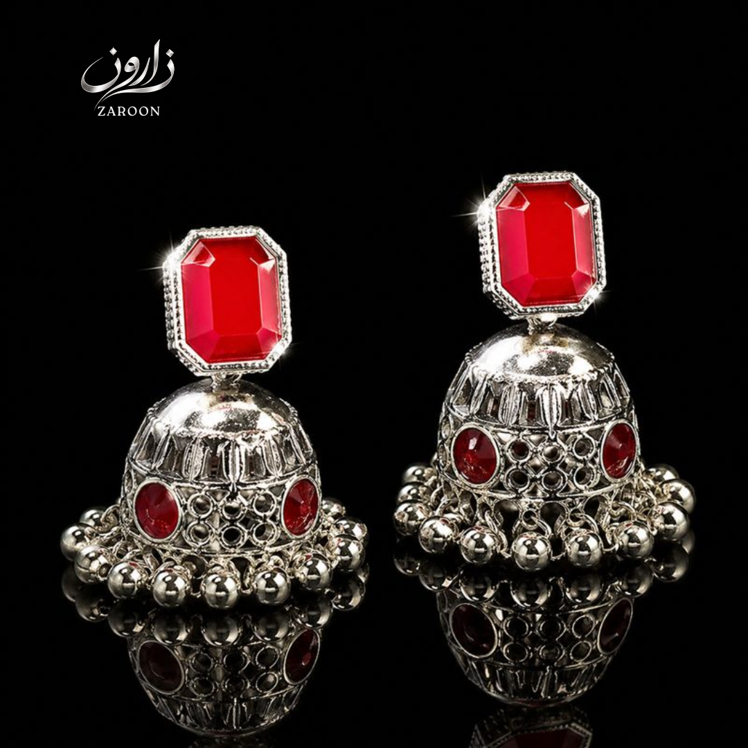 Oxidized Red Stone Modern Jhumka Earrings for Women | Antique Silver Ethnic Drop Earrings