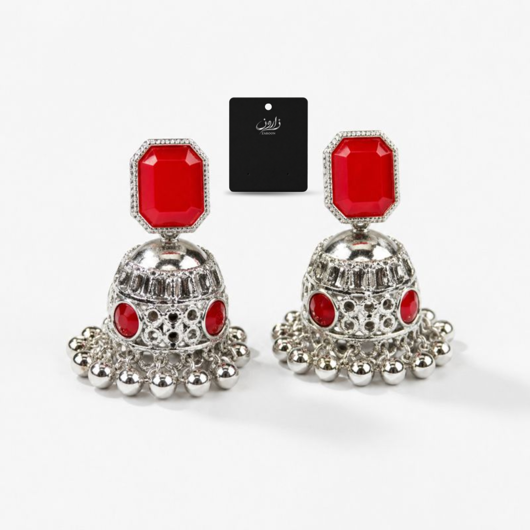 Oxidized Red Stone Modern Jhumka Earrings for Women | Antique Silver Ethnic Drop Earrings