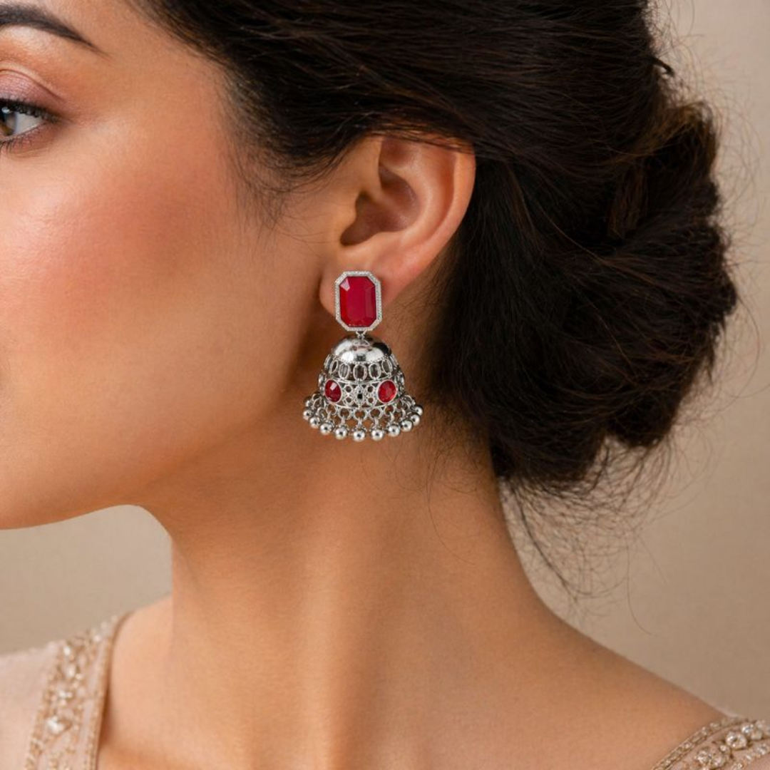 Oxidized Red Stone Modern Jhumka Earrings for Women | Antique Silver Ethnic Drop Earrings