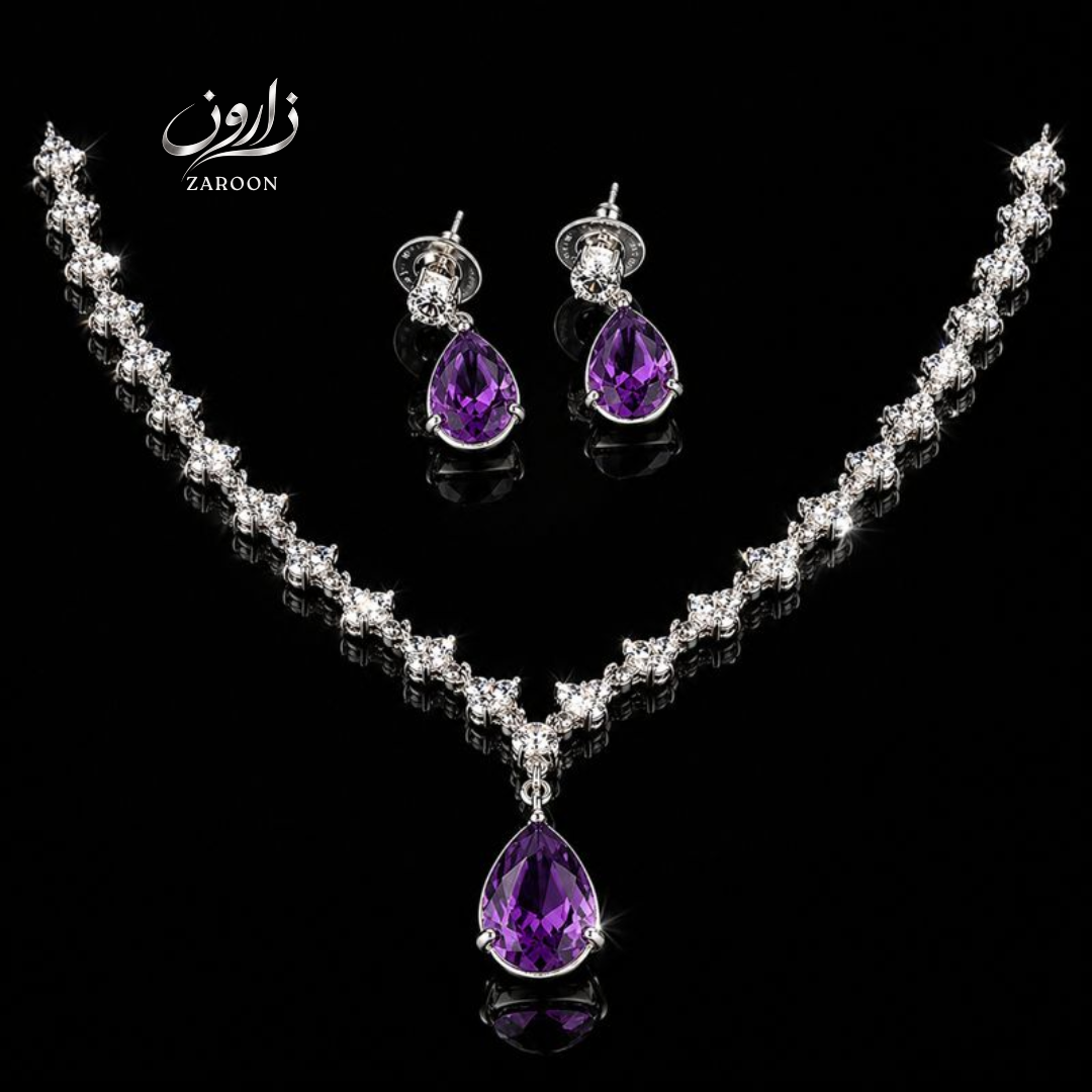 Luxury American Diamond 1 Carat Purple Teardrop Necklace Set for Women