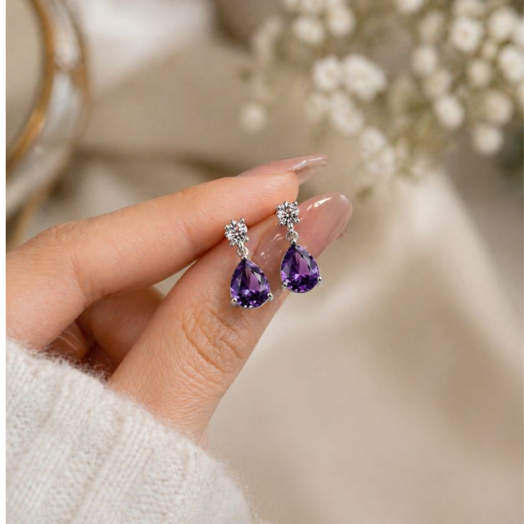 Luxury American Diamond 1 Carat Purple Teardrop Necklace Set for Women