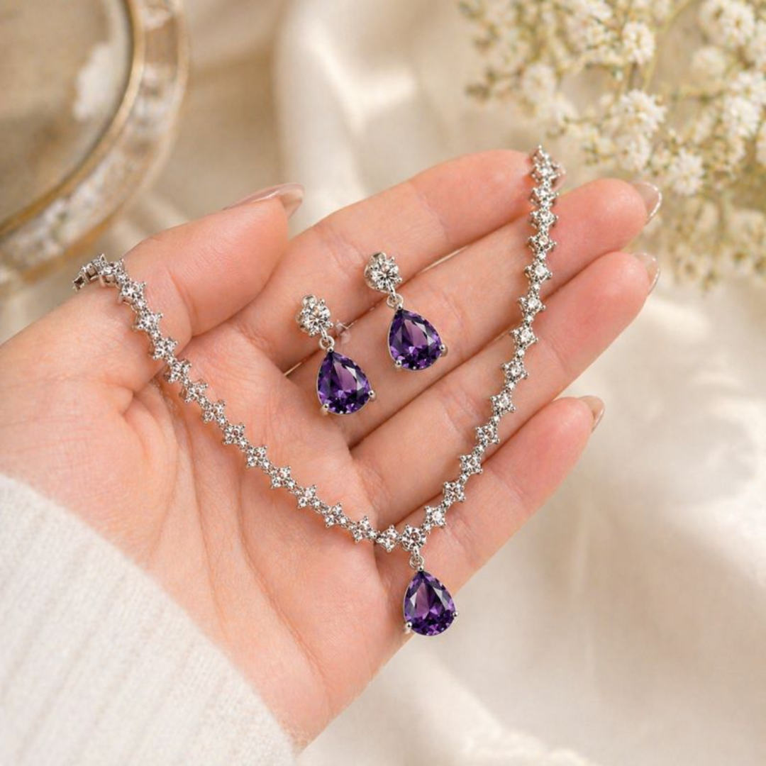 Luxury American Diamond 1 Carat Purple Teardrop Necklace Set for Women