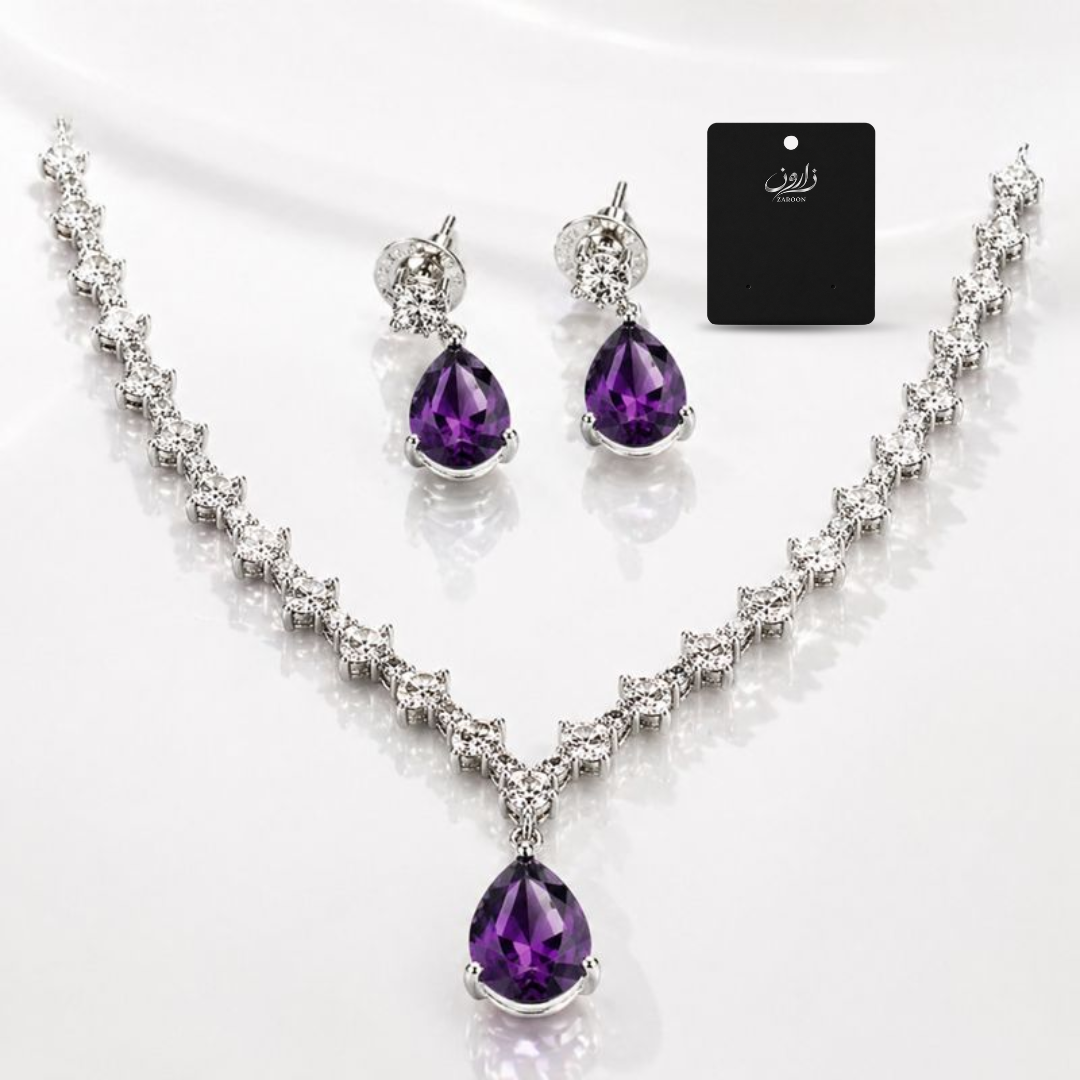 Luxury American Diamond 1 Carat Purple Teardrop Necklace Set for Women