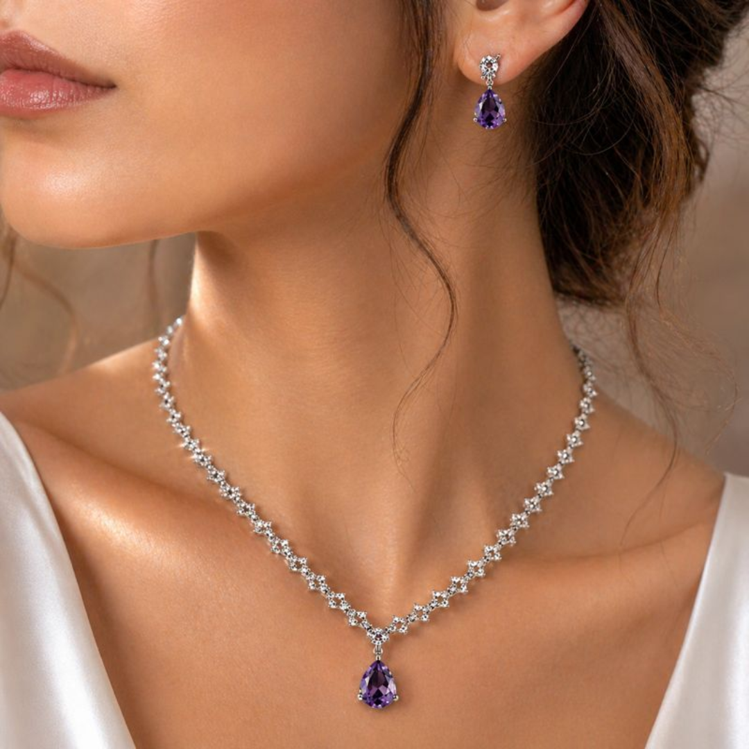 Luxury American Diamond 1 Carat Purple Teardrop Necklace Set for Women