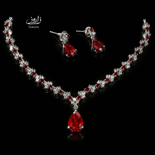 Luxury American Diamond 1 Carat Red Teardrop Necklace Set for Women