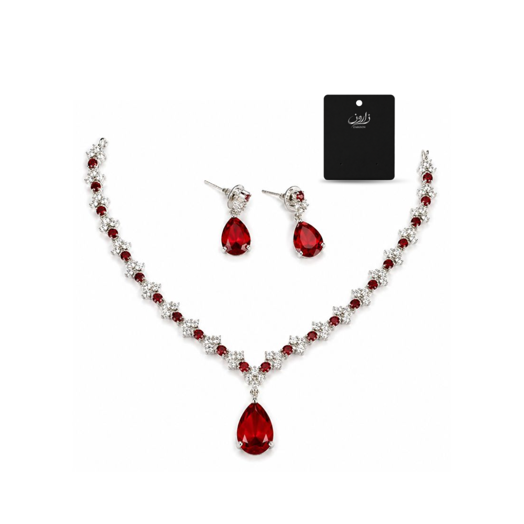 Luxury American Diamond 1 Carat Red Teardrop Necklace Set for Women