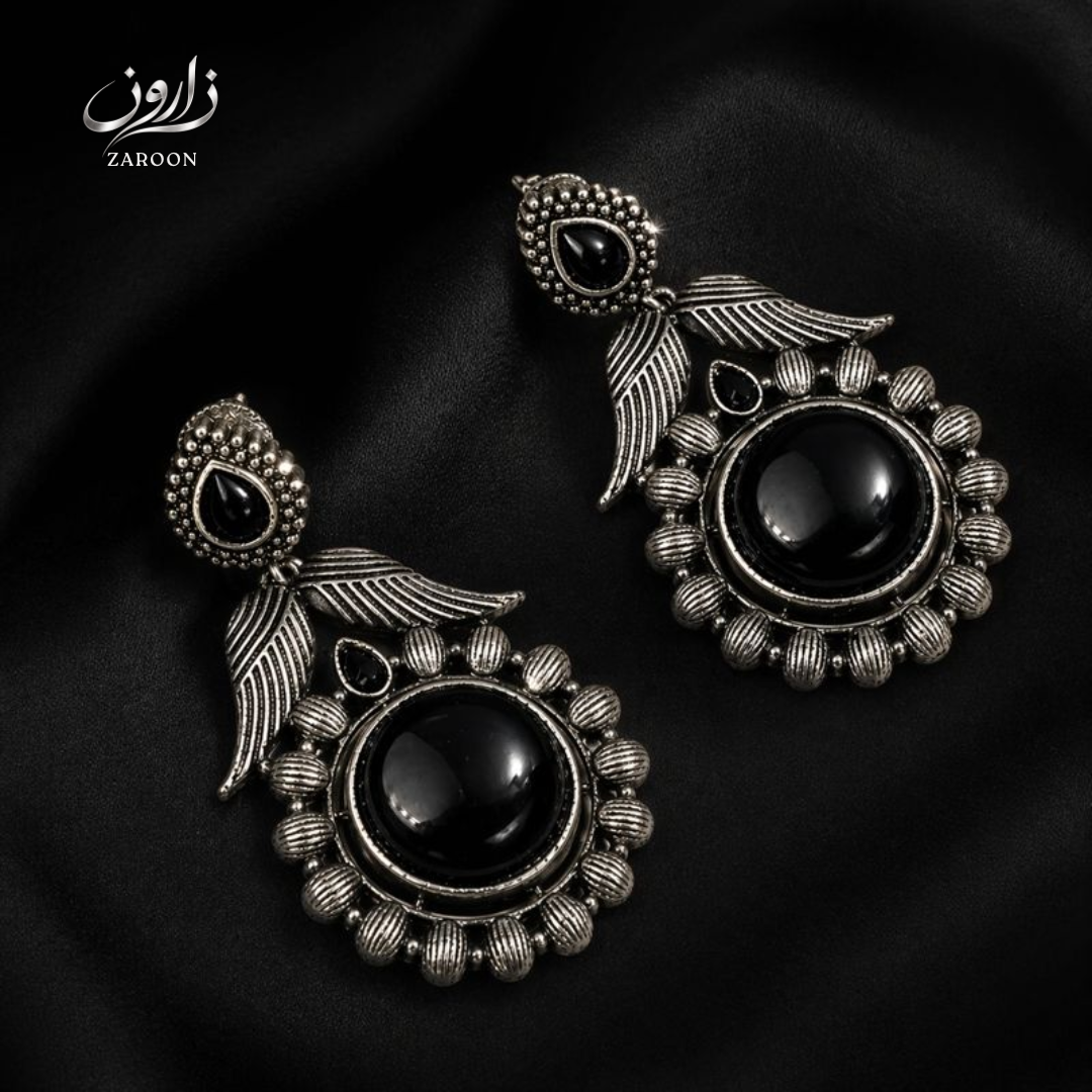 Oxidized Black Stone Statement Earrings for Women | Antique Silver Boho Earrings