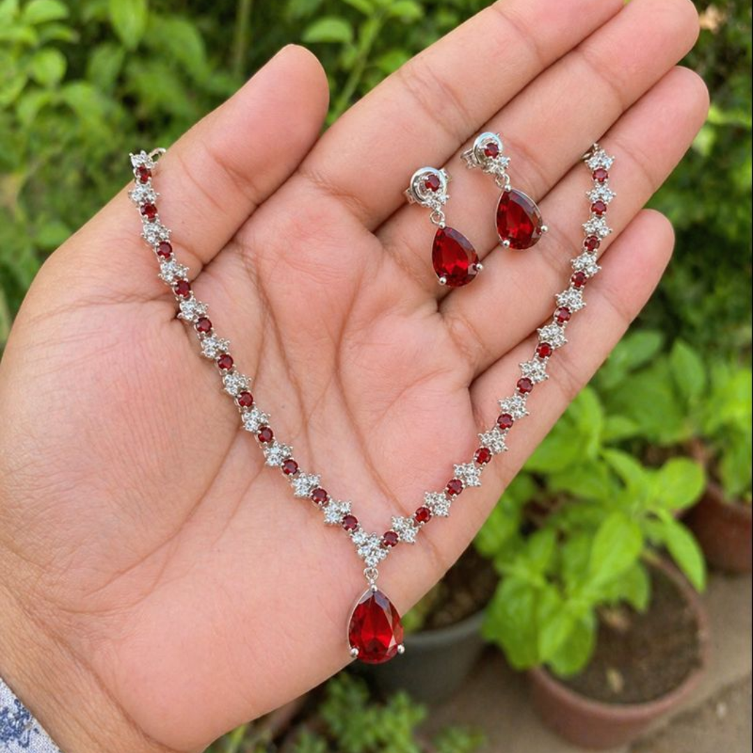 Luxury American Diamond 1 Carat Red Teardrop Necklace Set for Women