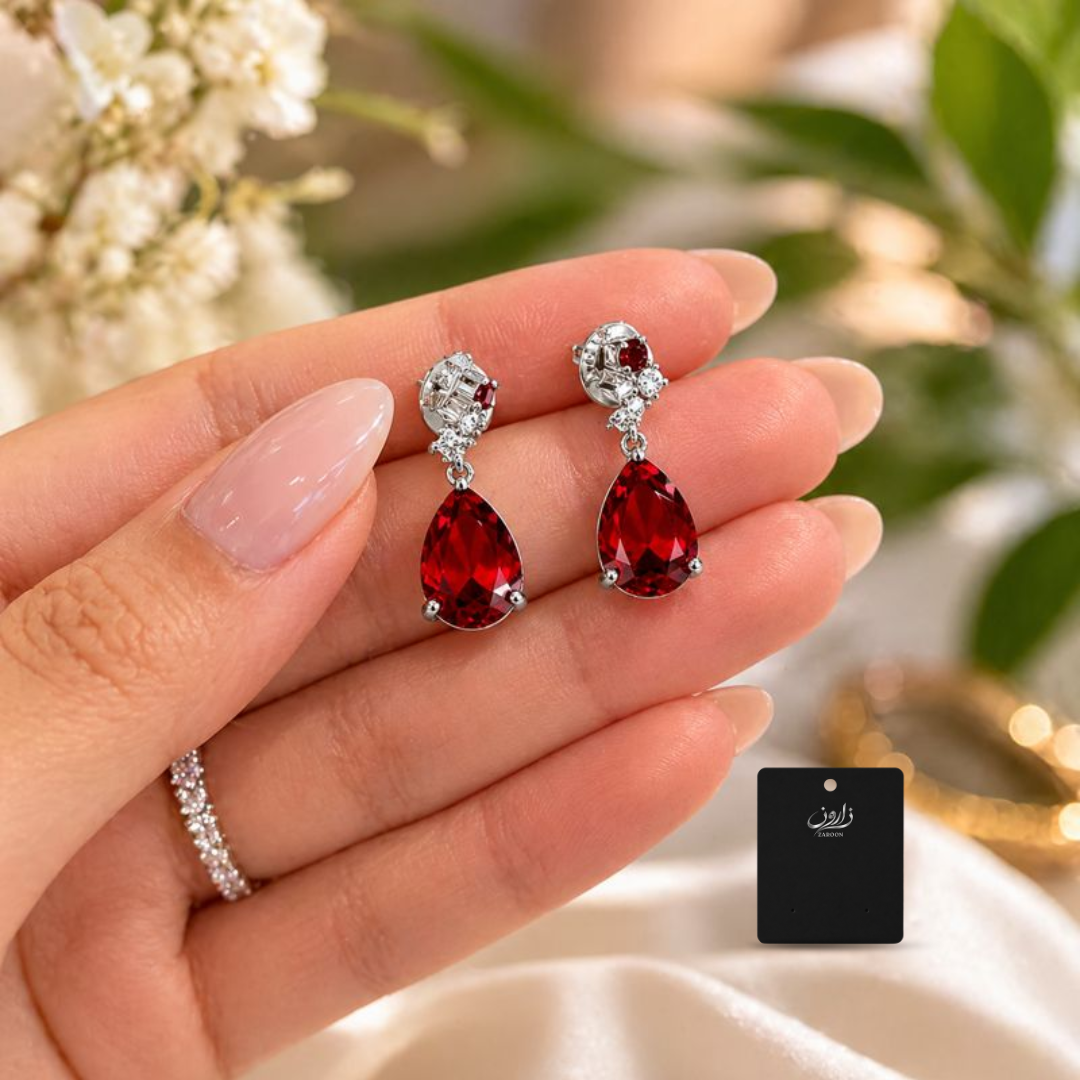 Luxury American Diamond 1 Carat Red Teardrop Necklace Set for Women
