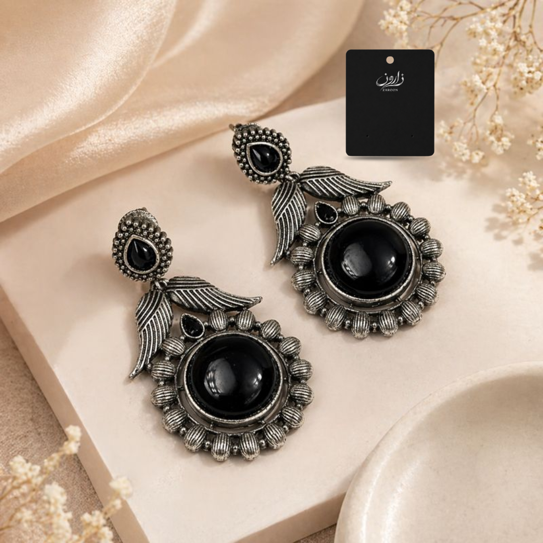 Oxidized Black Stone Statement Earrings for Women | Antique Silver Boho Earrings
