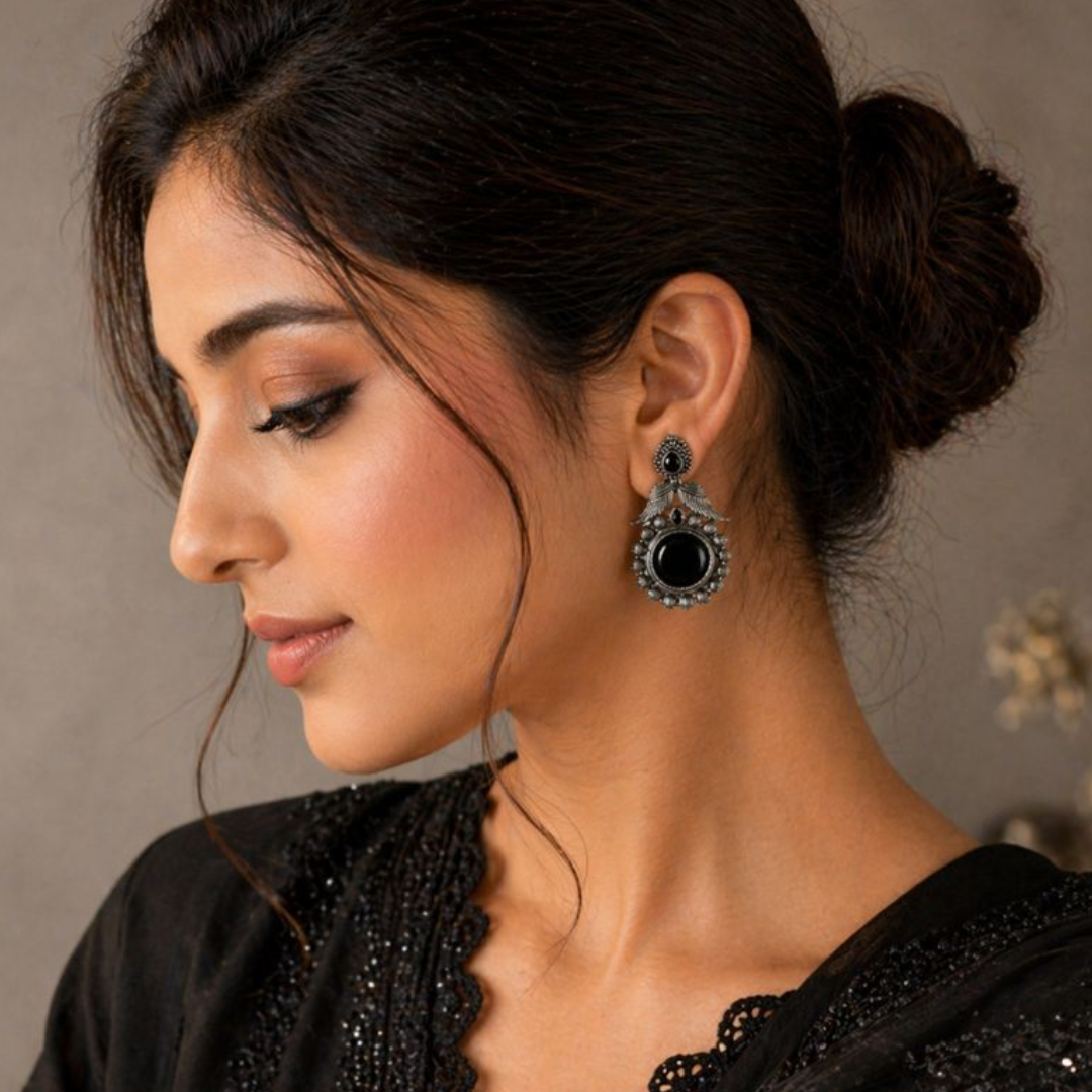 Oxidized Black Stone Statement Earrings for Women | Antique Silver Boho Earrings