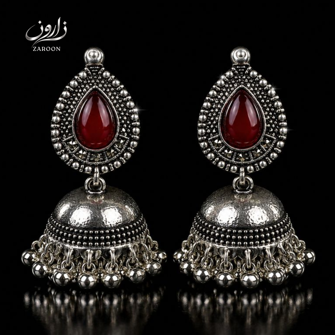Oxidized Red Stone Jhumka Earrings for Women | Antique Silver Ethnic Jhumki
