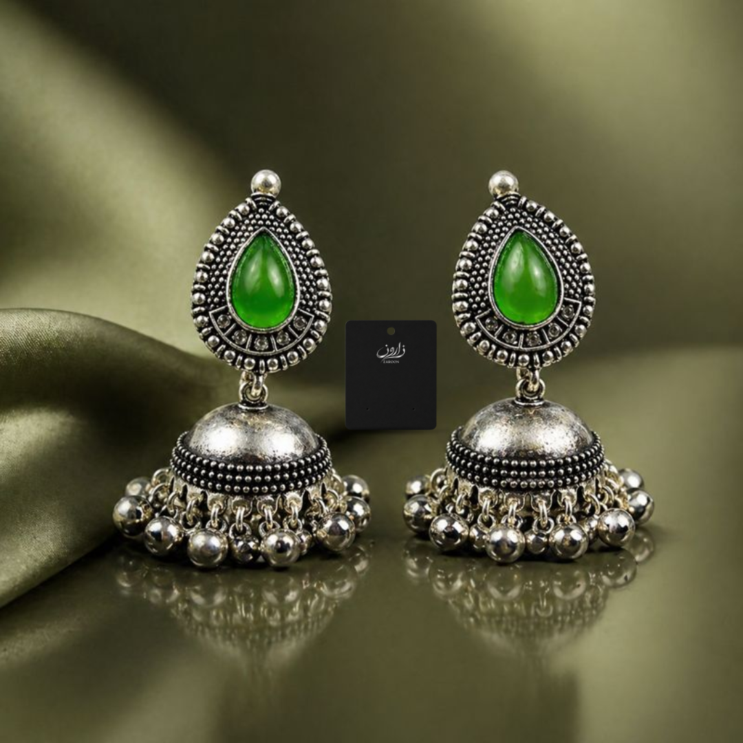 Oxidized Green Stone Jhumka Earrings for Women | Antique Silver Ethnic Jhumki