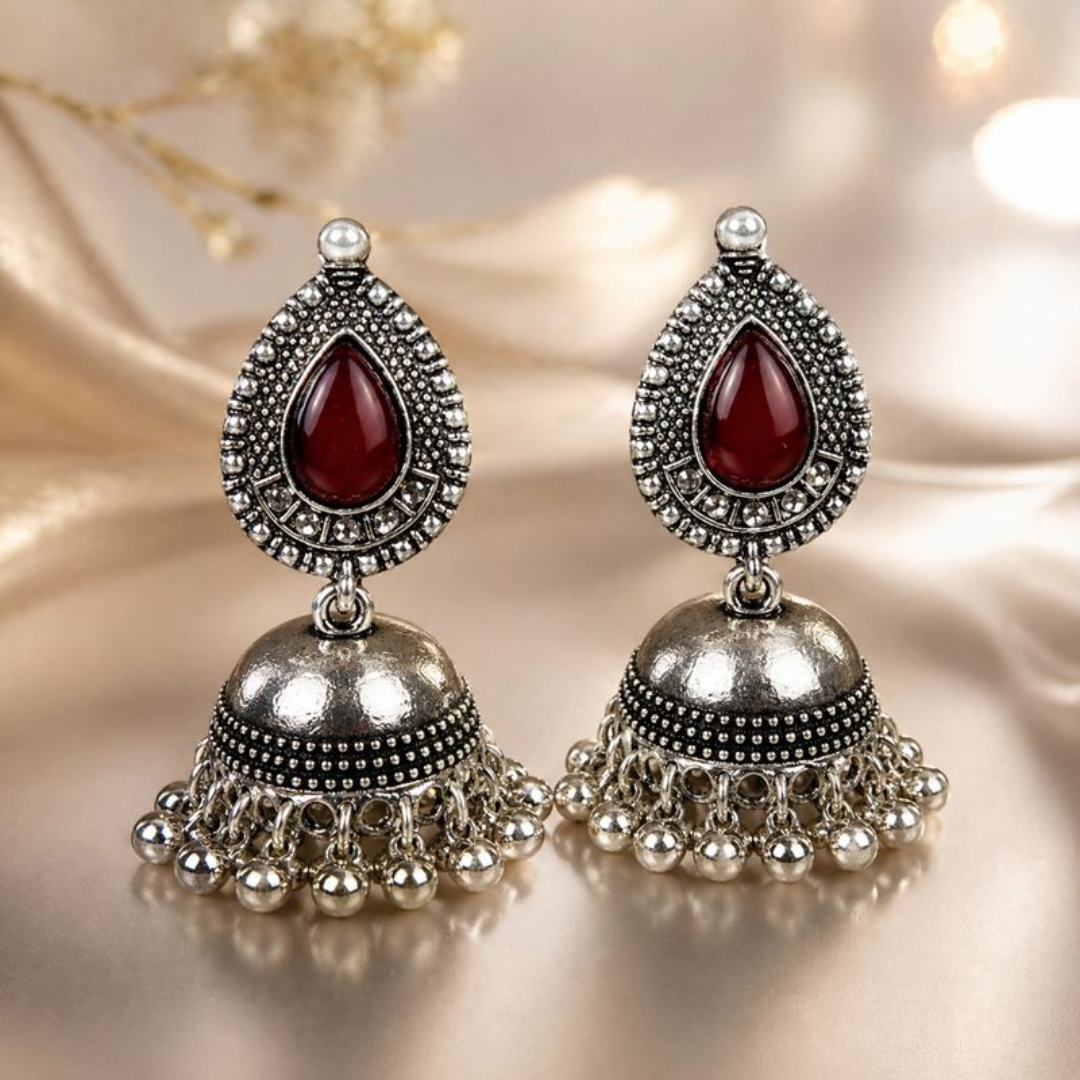 Oxidized Red Stone Jhumka Earrings for Women | Antique Silver Ethnic Jhumki