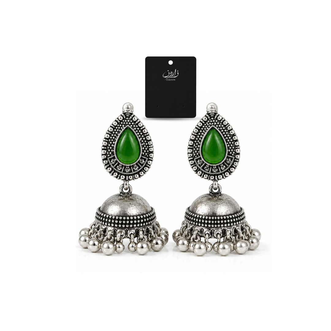 Oxidized Green Stone Jhumka Earrings for Women | Antique Silver Ethnic Jhumki