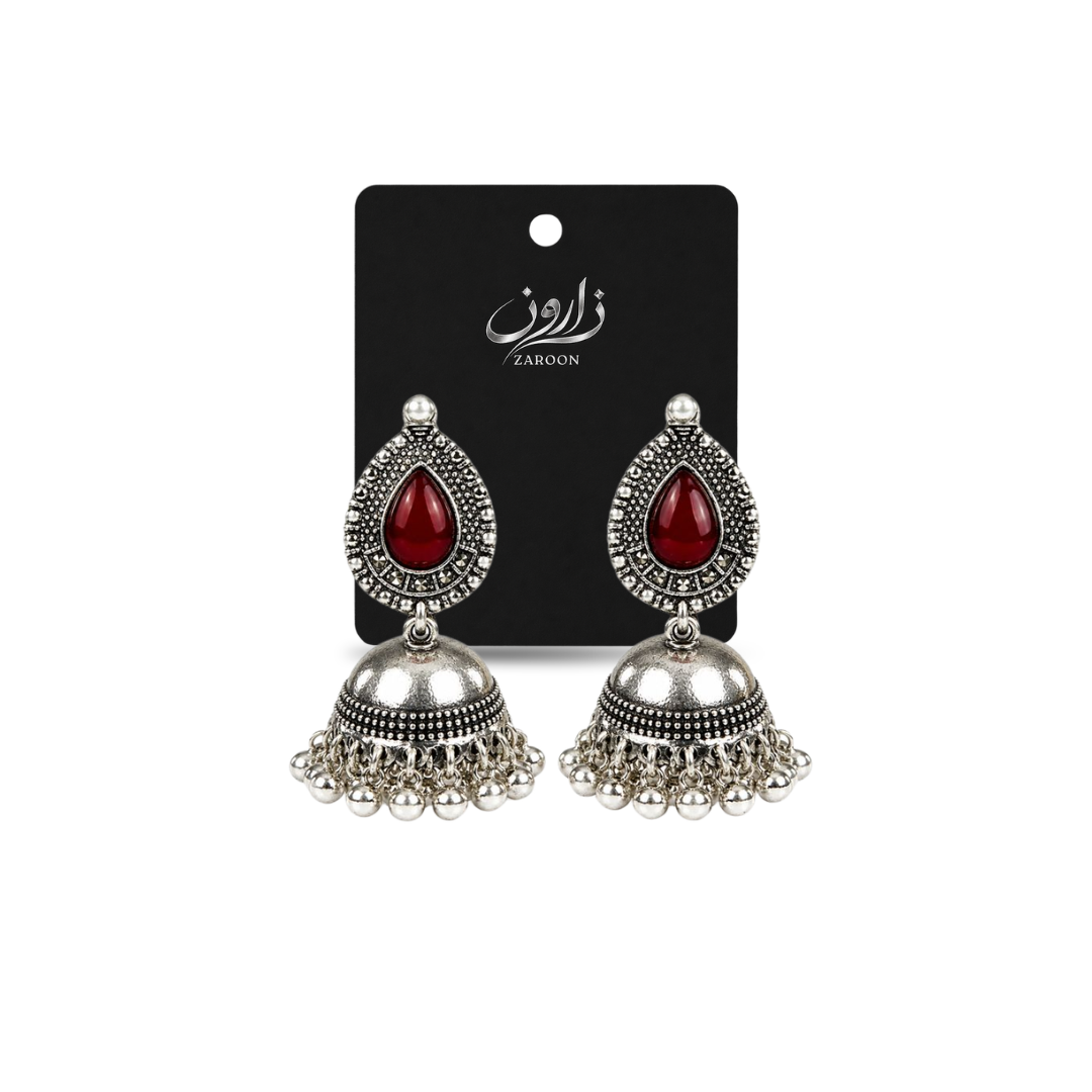 Oxidized Red Stone Jhumka Earrings for Women | Antique Silver Ethnic Jhumki