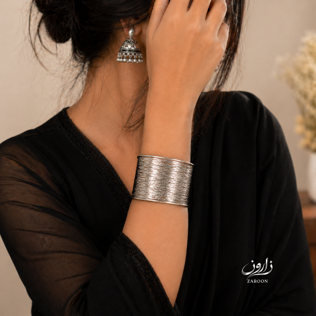 Oxidized Silver Wide Cuff Bracelet for Women | Adjustable Antique Hand Cuff Bangle