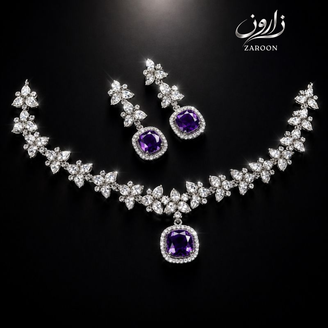 Luxury American Diamond 1 Carat Purple Stone Necklace Set for Women