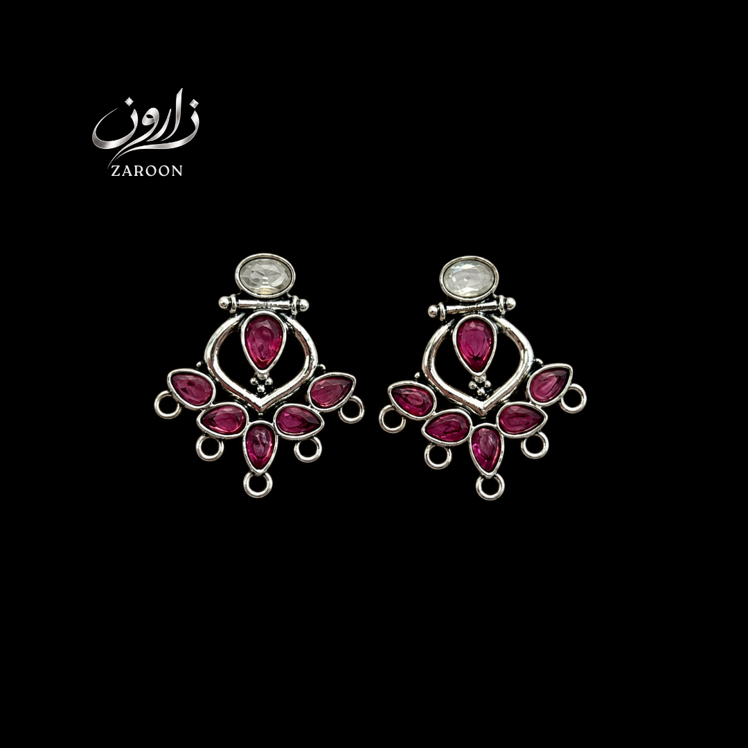 Antique Silver Ruby Stone Ethnic Earrings
