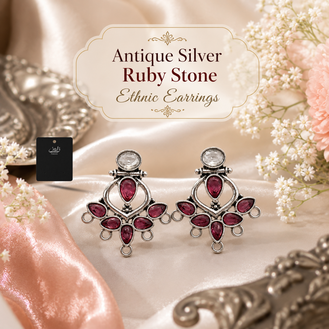 Antique Silver Ruby Stone Ethnic Earrings