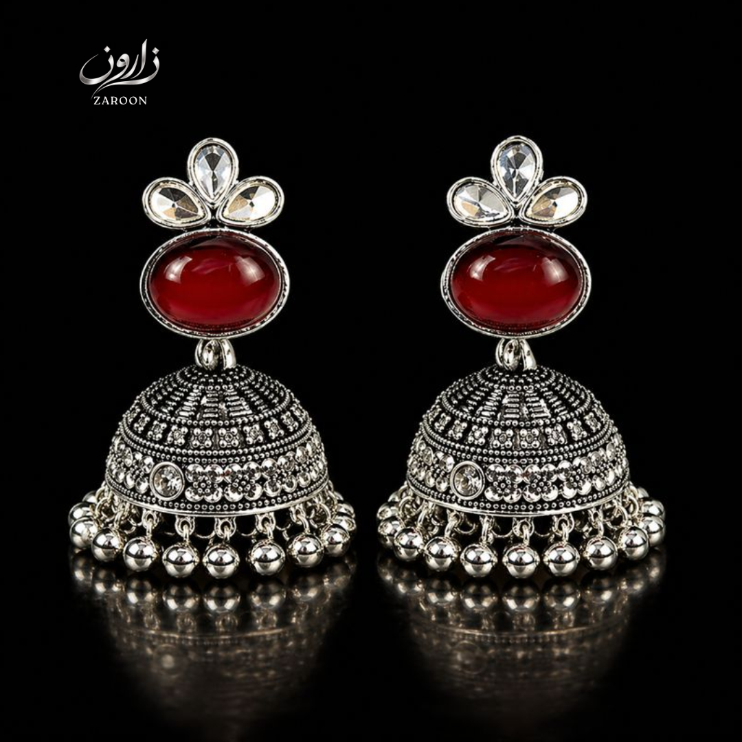 Oxidized Red Stone Fancy Jhumka Earrings for Women | Antique Silver Ethnic Jhumki