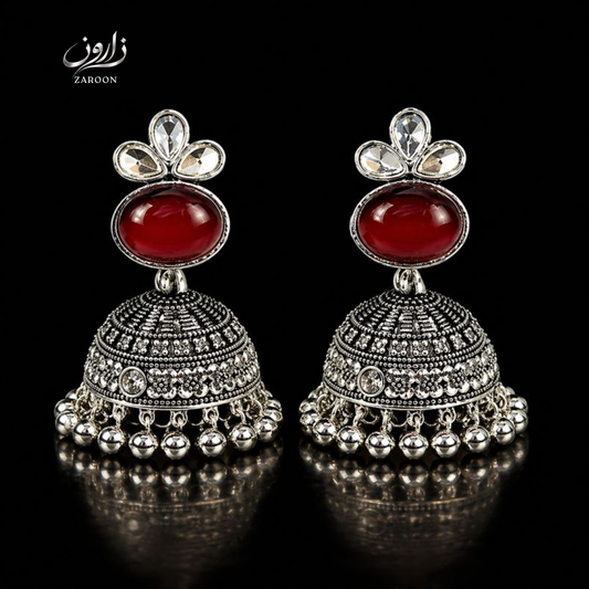 Oxidized Red Stone Fancy Jhumka Earrings for Women | Antique Silver Ethnic Jhumki