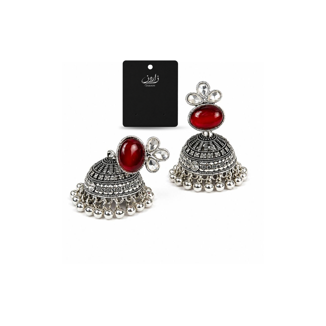 Oxidized Red Stone Fancy Jhumka Earrings for Women | Antique Silver Ethnic Jhumki