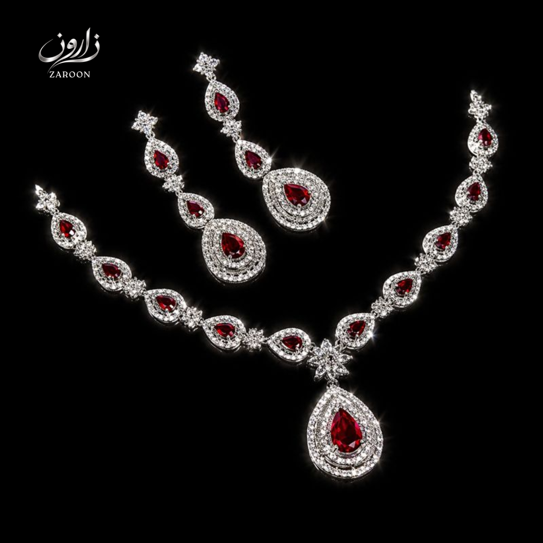 Luxury American Diamond 1 Carat Red Stone Necklace Set for Women