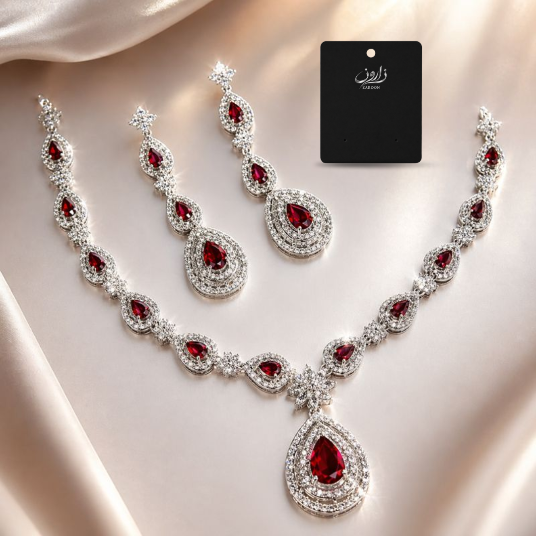 Luxury American Diamond 1 Carat Red Stone Necklace Set for Women