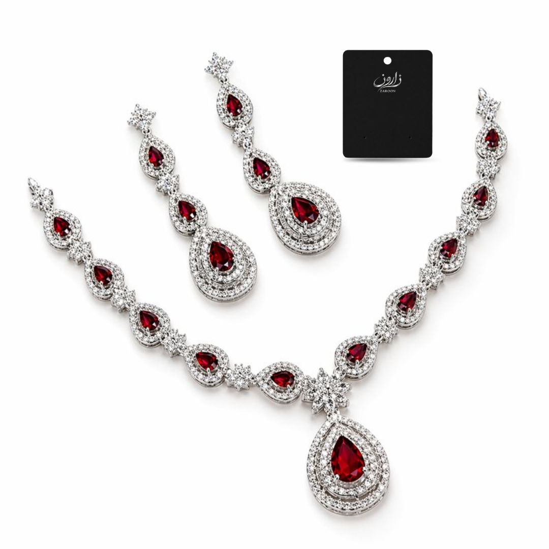Luxury American Diamond 1 Carat Red Stone Necklace Set for Women