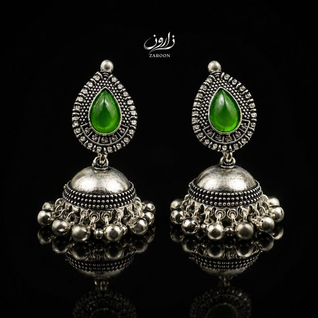 Oxidized Green Stone Jhumka Earrings for Women | Antique Silver Ethnic Jhumki